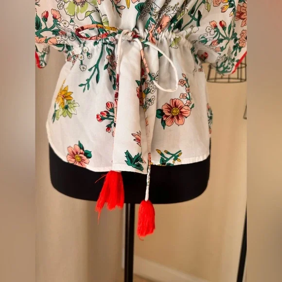Anthropologie Floral Dolman Sleeve Crop Blouse Top Small Tassels Size XS - Picture 5 of 12